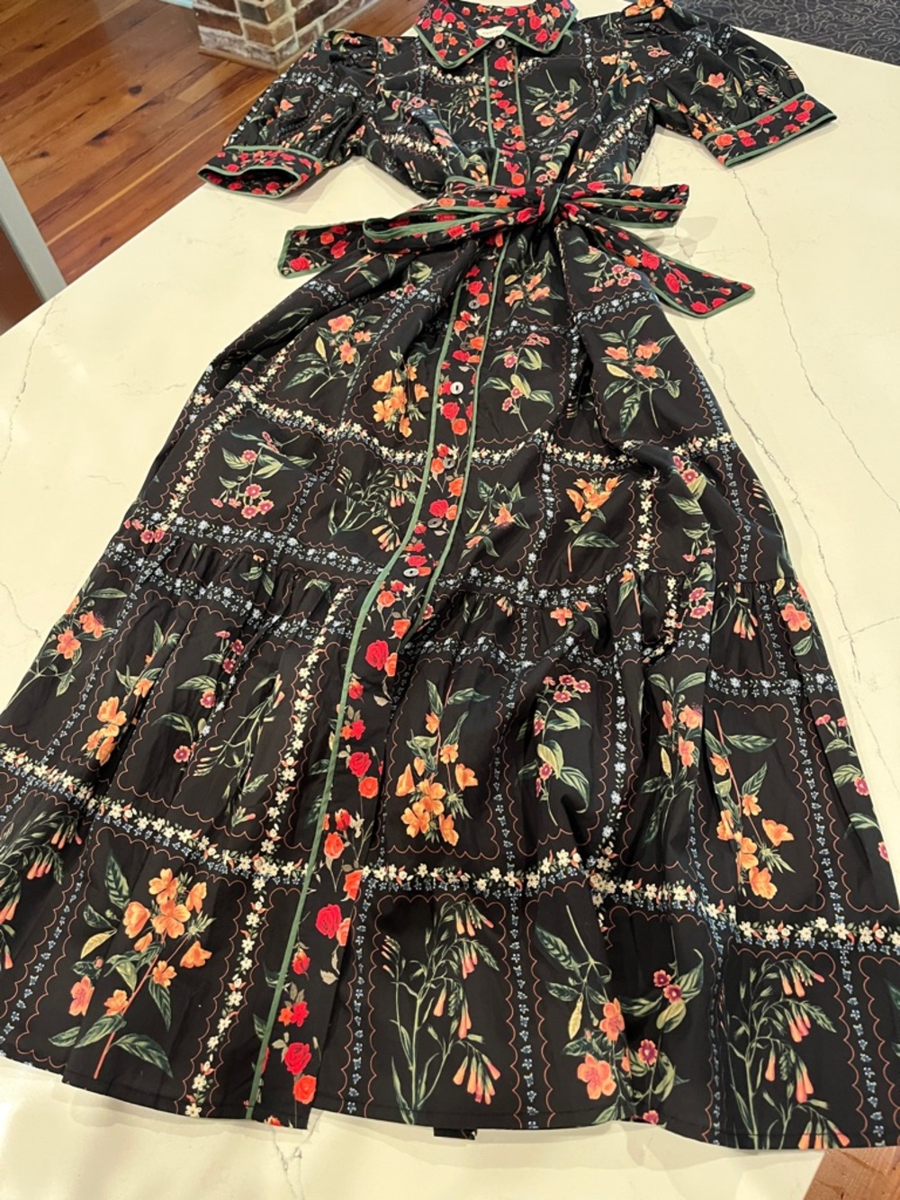Entro Black Floral Button-Front Midi Dress with Tie Waist